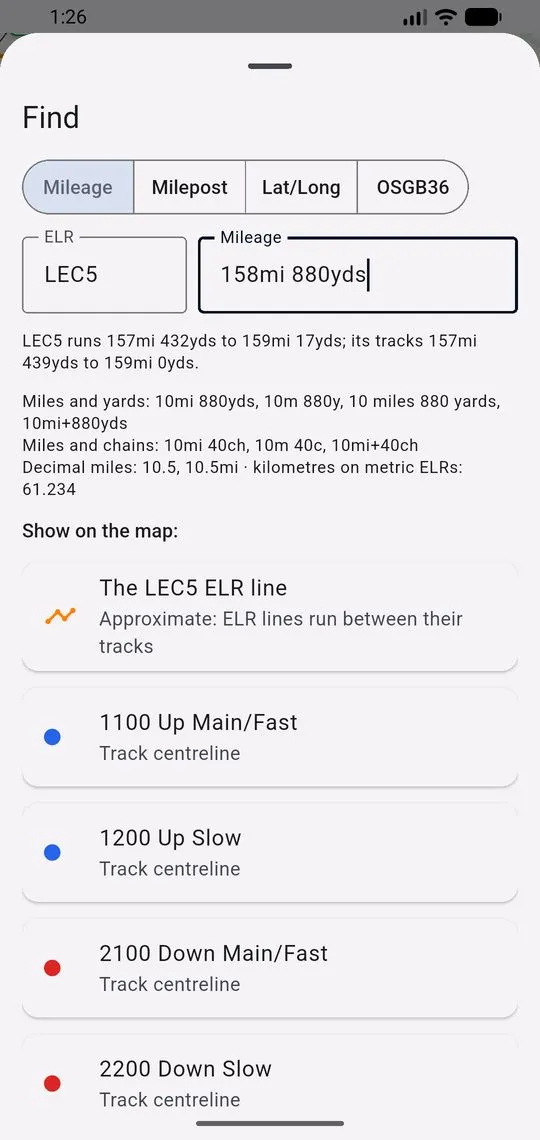 LineRef 2 LineRef find screen with line reference and mileage fields