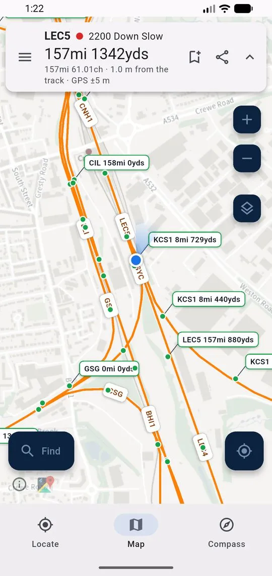 LineRef map view showing lines labelled with line reference and mileage