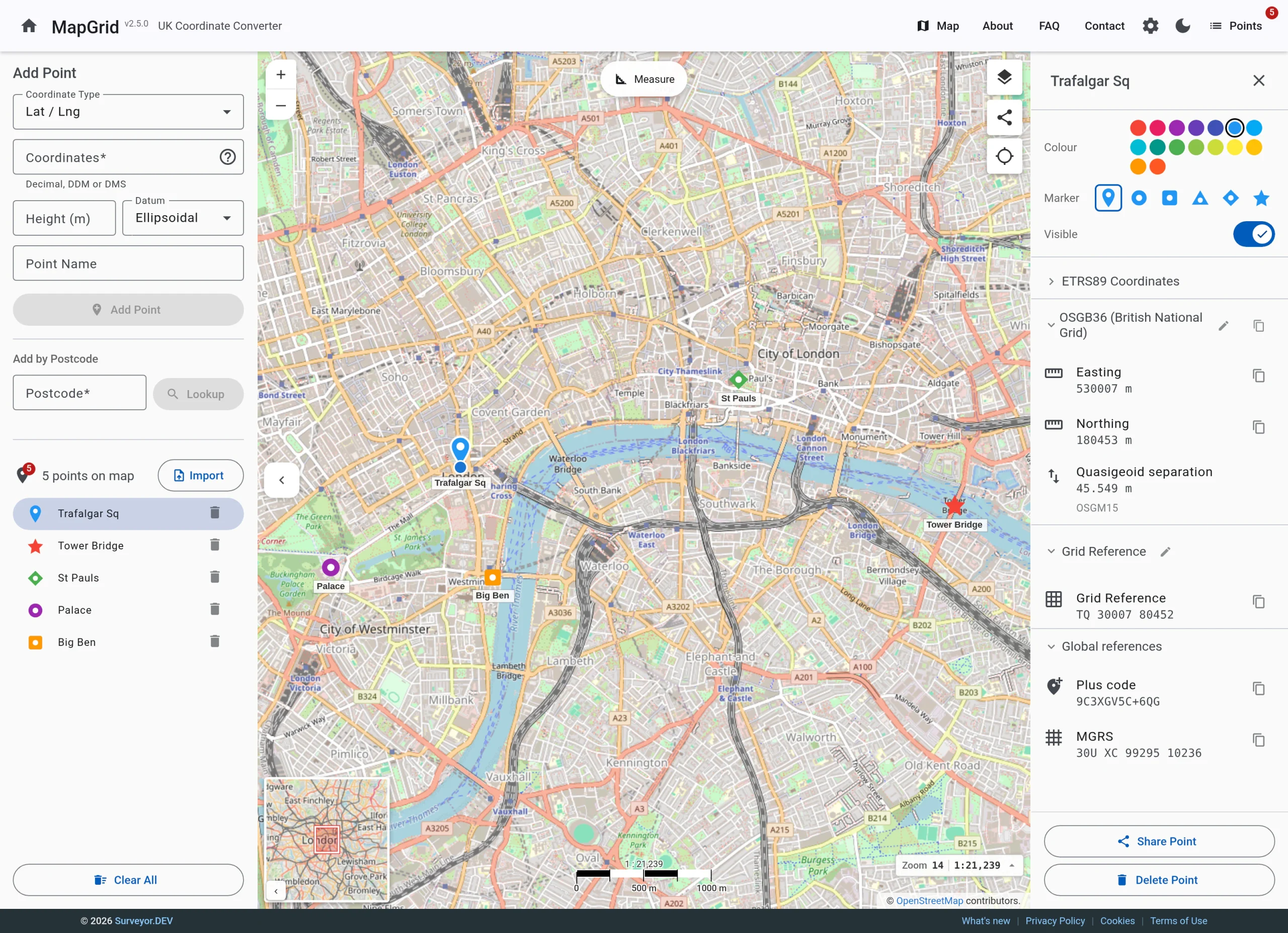 MapGrid in a desktop browser showing a map of central London