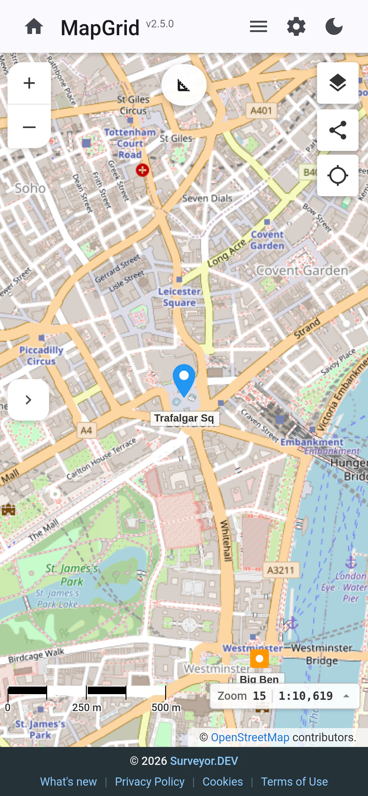 MapGrid on a phone showing a map of central London with a point at Trafalgar Square