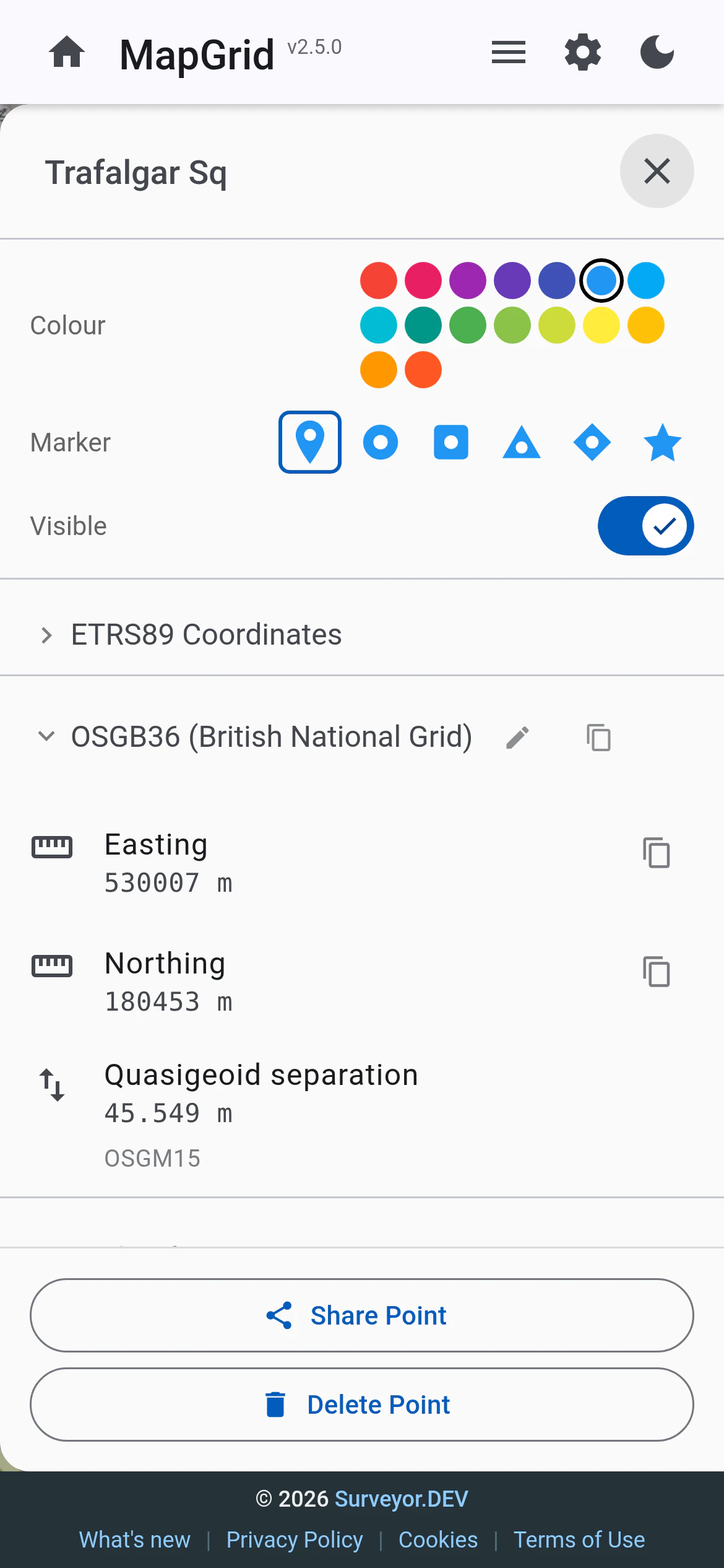 MapGrid point details for Trafalgar Square with OSGB36 easting, northing and OSGM15 quasigeoid separation